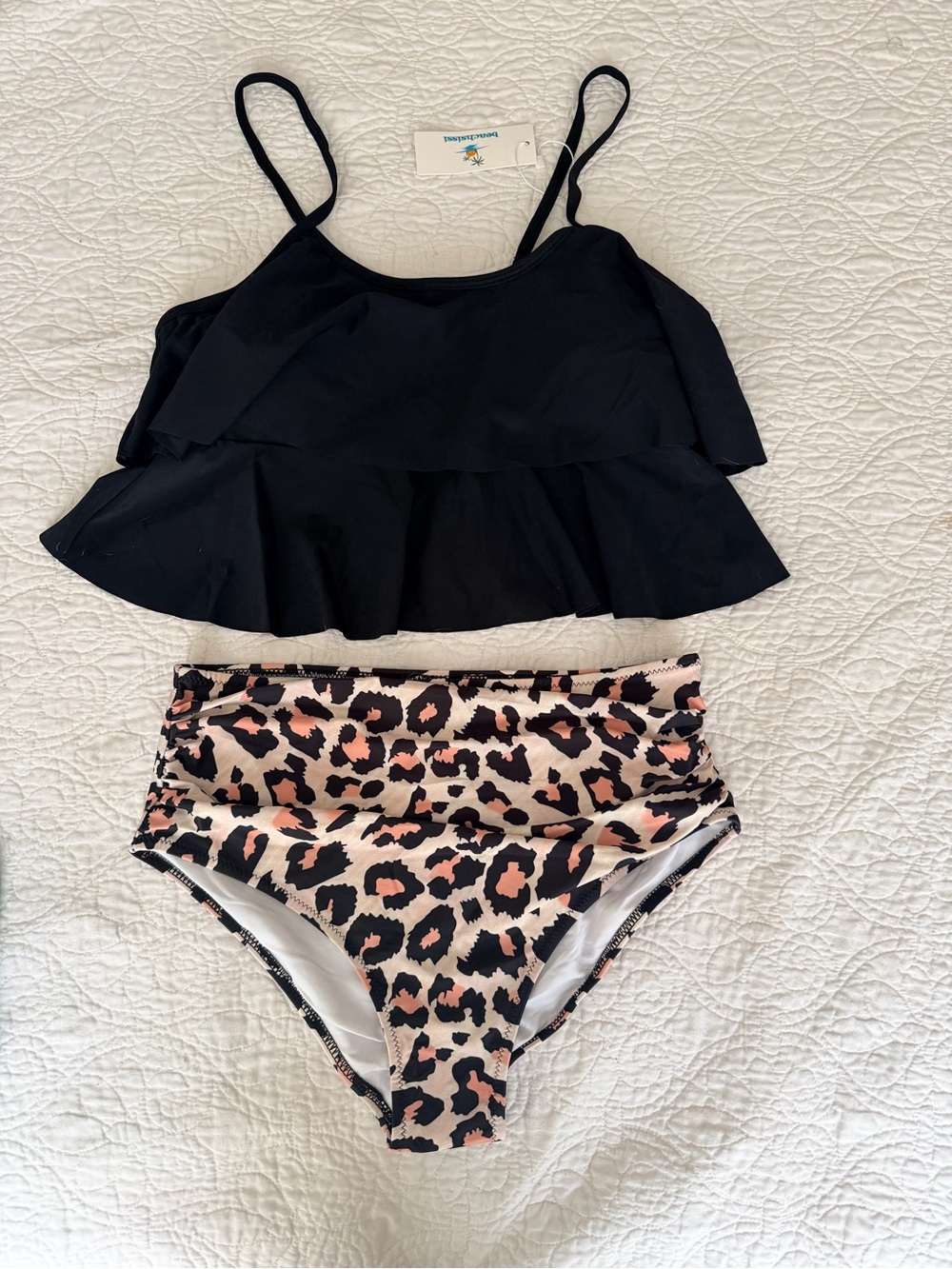 Beachsissi Women’s Black Ruffle Tankini Top with Leopard High-Waist Bottom